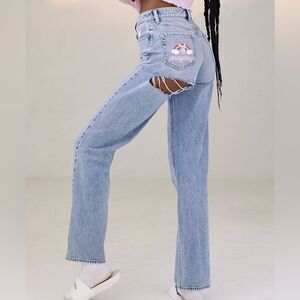 Playboy PacSun Light Blue Back Slash Rainbow Denim Boyfriend Straight Jeans 27